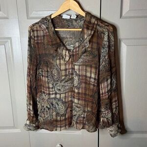 kim rogers  Sheer Paisley Plaid Blouse Y2K Whimsigoth Fairy Grunge Top size‎ L